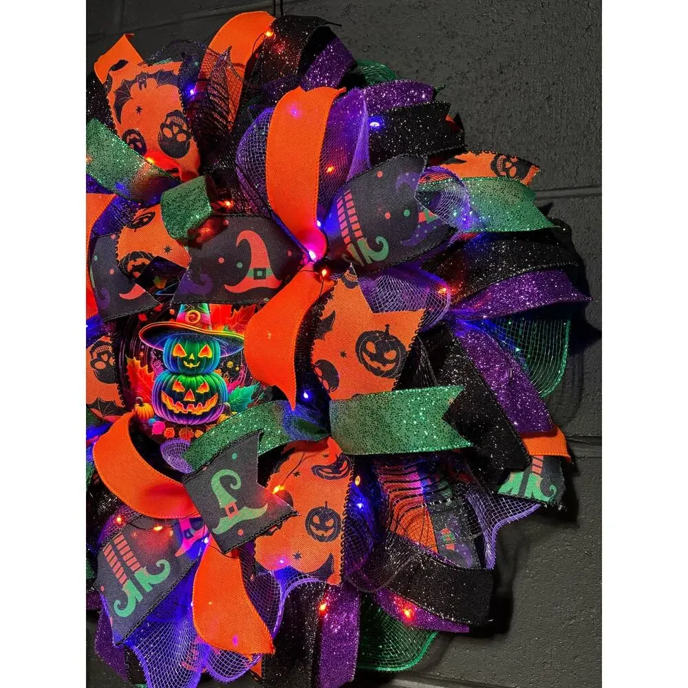 Pre Lit Halloween Wreath Glowing Pumpkin Light Up 24 Inch Handmade Deco Mesh